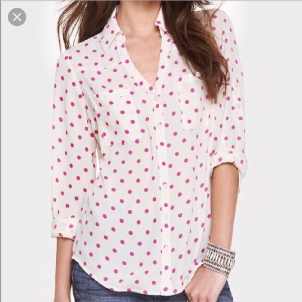 NWOT Express Portofino Shirt in Pink Polka Dot